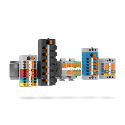 Distribution blocks and device terminal blocks